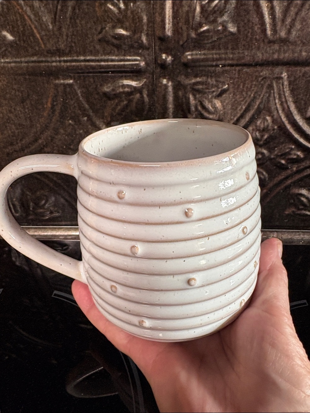 Sunday Morning Handcrafted White Ceramic Ribbed Dot Mug